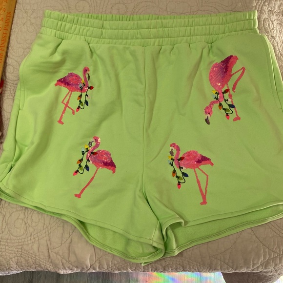 Queen of Sparkles Flamingo Embroidered Women's Shorts - Picture 8 of 12